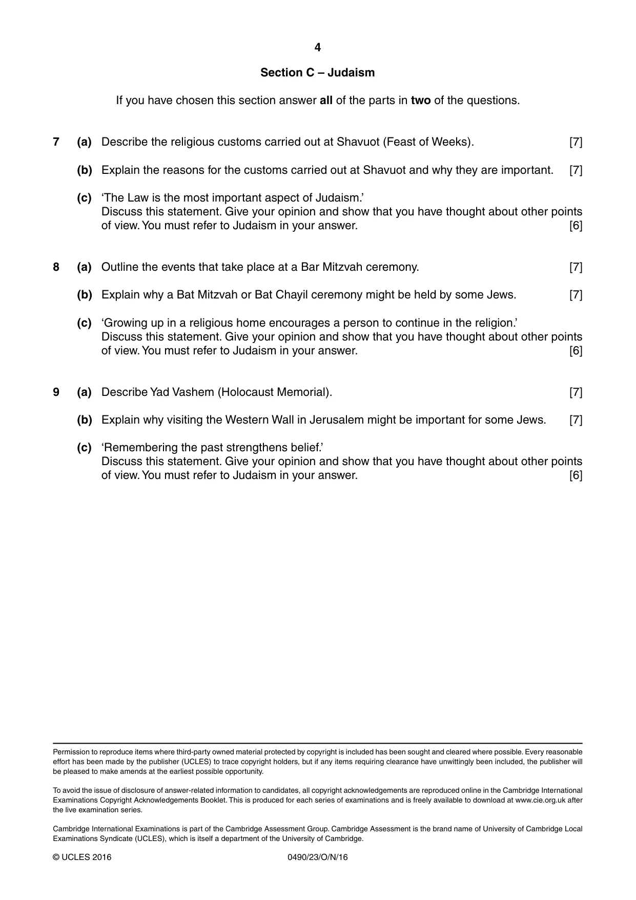 Cambridge IGCSE Religious Studies 0490 2016 Oct/Nov Paper 2 · Variant 3 question paper, page 4 of 4