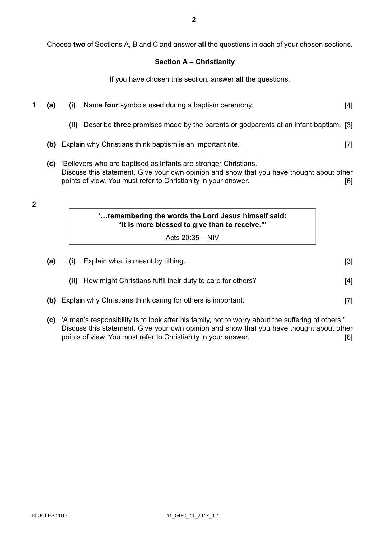 Cambridge IGCSE Religious Studies 0490 2017 Oct/Nov Paper 1 · Variant 1 question paper, page 2 of 4