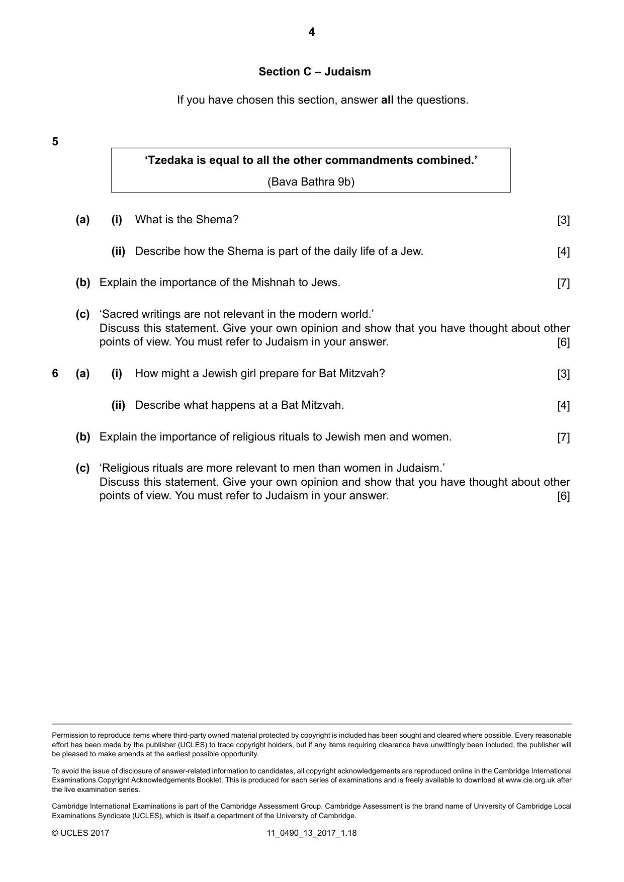 Cambridge IGCSE Religious Studies 0490 2017 Oct/Nov Paper 1 · Variant 3 question paper, page 4 of 4