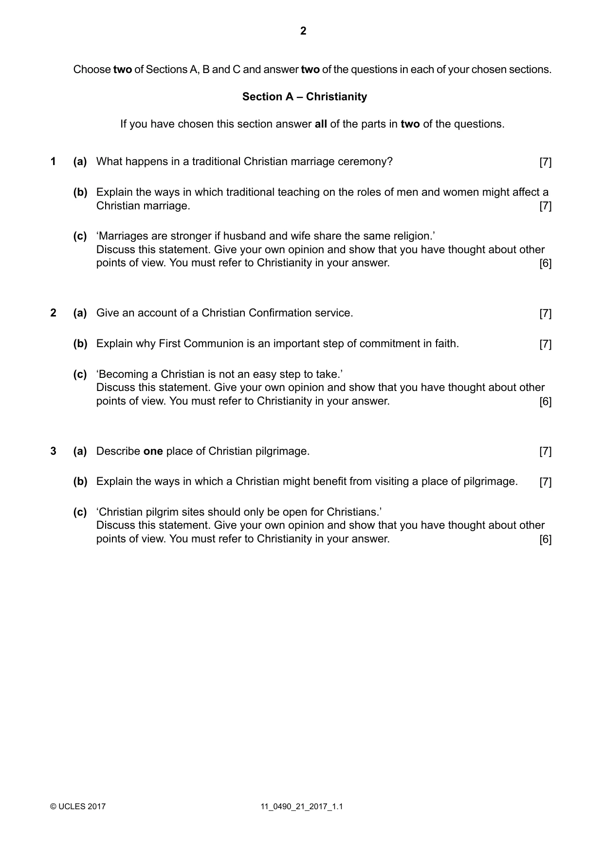 Cambridge IGCSE Religious Studies 0490 2017 Oct/Nov Paper 2 · Variant 1 question paper, page 2 of 4