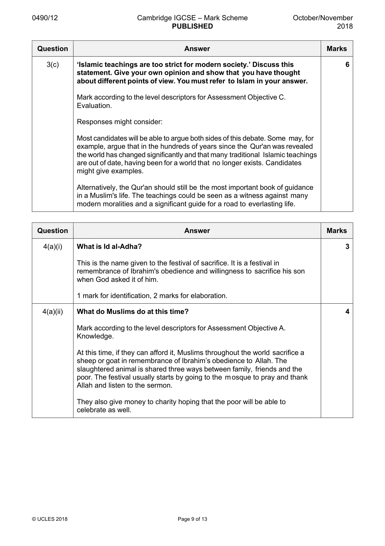 Mark scheme, page 9 of 13