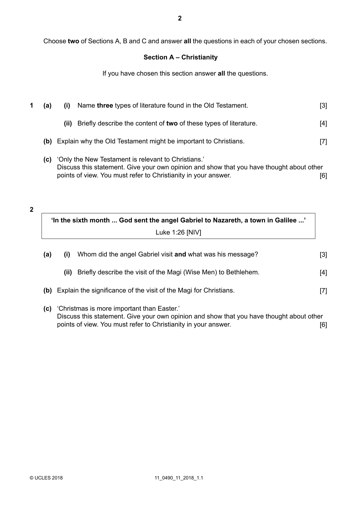 Cambridge IGCSE Religious Studies 0490 2018 Oct/Nov Paper 1 · Variant 1 question paper, page 2 of 4