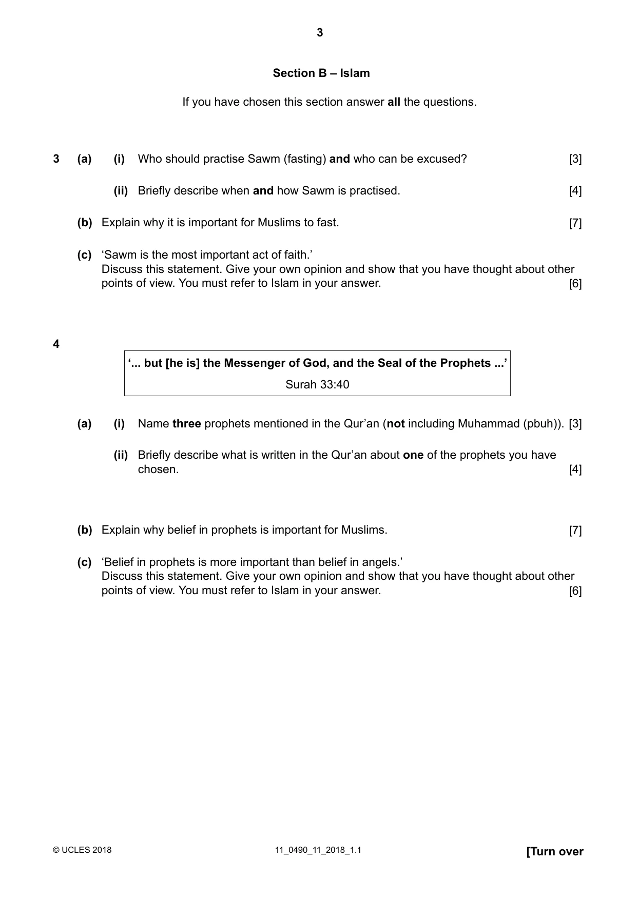 Cambridge IGCSE Religious Studies 0490 2018 Oct/Nov Paper 1 · Variant 1 question paper, page 3 of 4