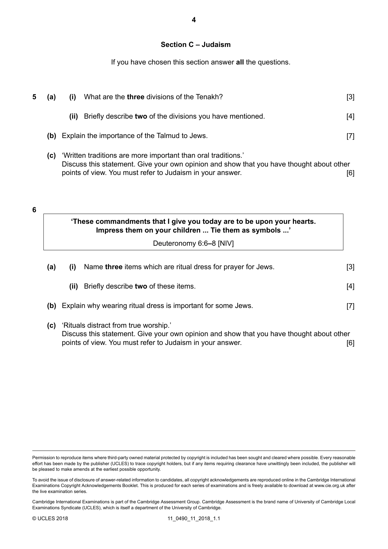 Cambridge IGCSE Religious Studies 0490 2018 Oct/Nov Paper 1 · Variant 1 question paper, page 4 of 4