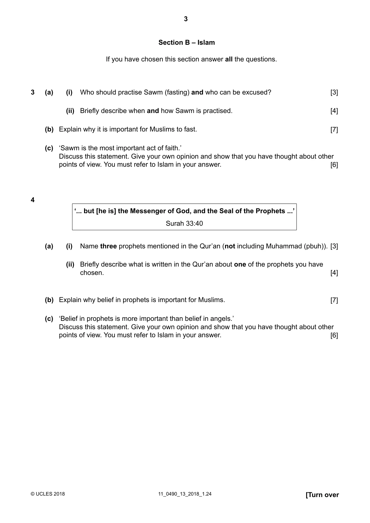 Cambridge IGCSE Religious Studies 0490 2018 Oct/Nov Paper 1 · Variant 3 question paper, page 3 of 4