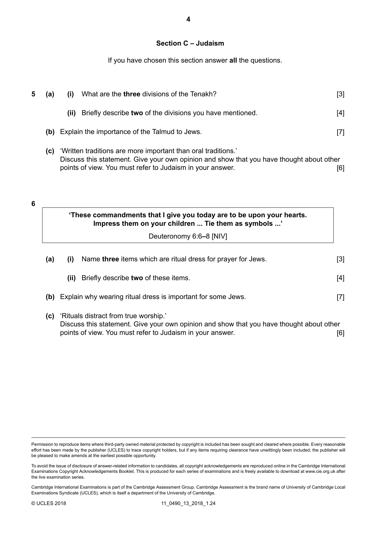 Cambridge IGCSE Religious Studies 0490 2018 Oct/Nov Paper 1 · Variant 3 question paper, page 4 of 4