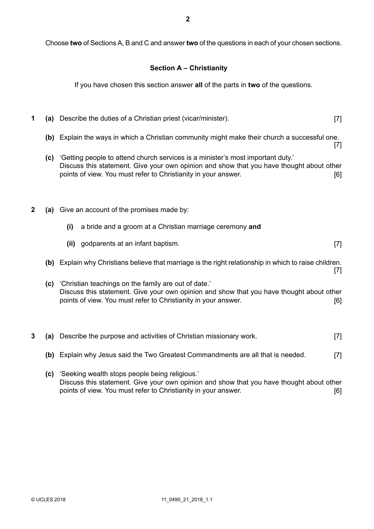 Cambridge IGCSE Religious Studies 0490 2018 Oct/Nov Paper 2 · Variant 1 question paper, page 2 of 4