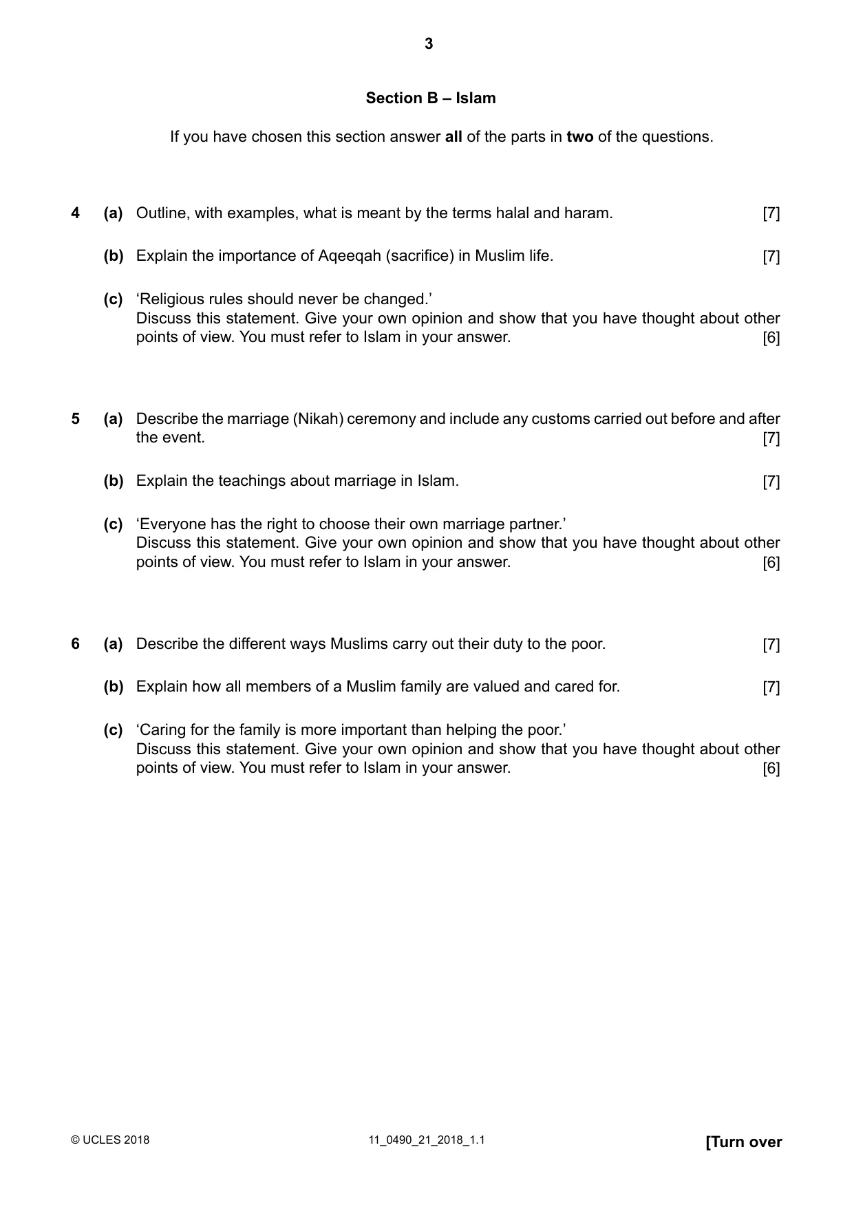 Cambridge IGCSE Religious Studies 0490 2018 Oct/Nov Paper 2 · Variant 1 question paper, page 3 of 4