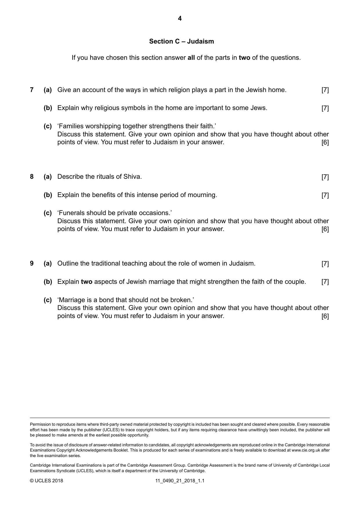 Cambridge IGCSE Religious Studies 0490 2018 Oct/Nov Paper 2 · Variant 1 question paper, page 4 of 4