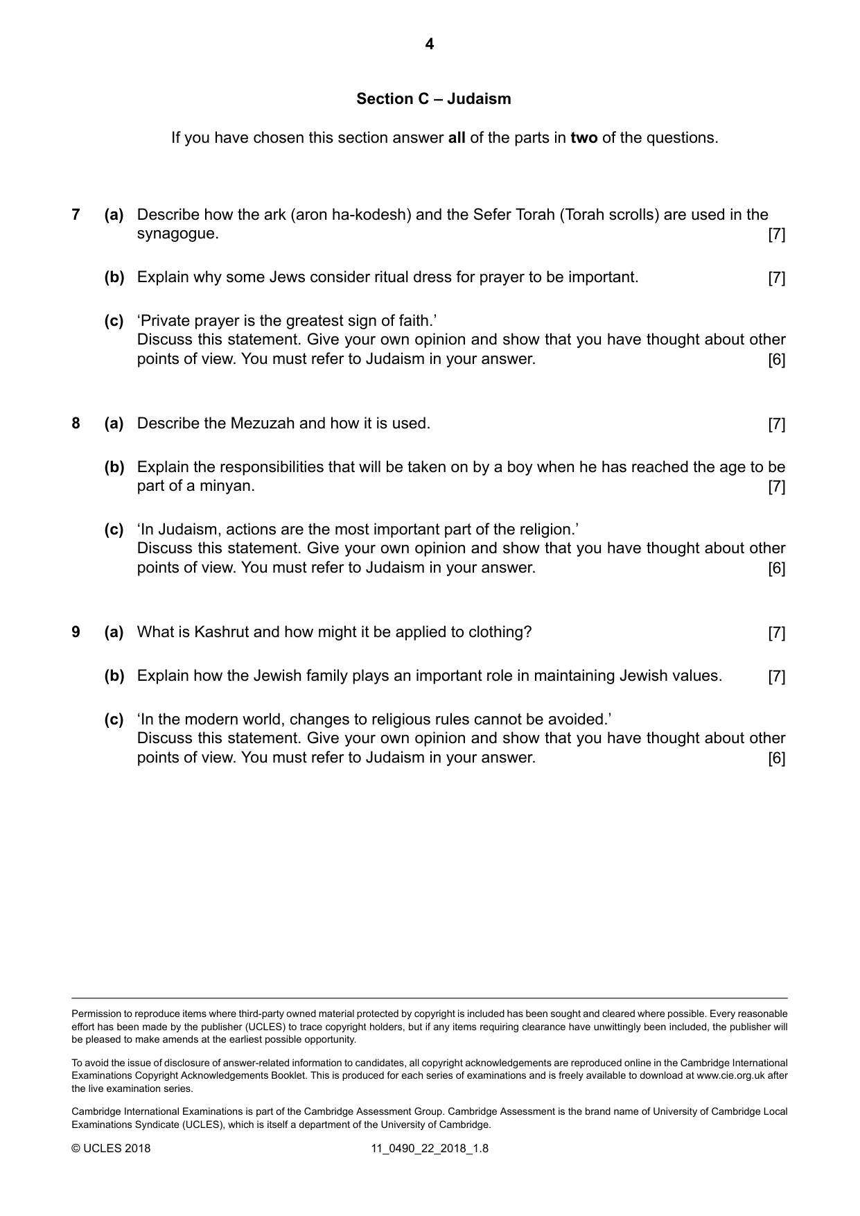 Cambridge IGCSE Religious Studies 0490 2018 Oct/Nov Paper 2 · Variant 2 question paper, page 4 of 4