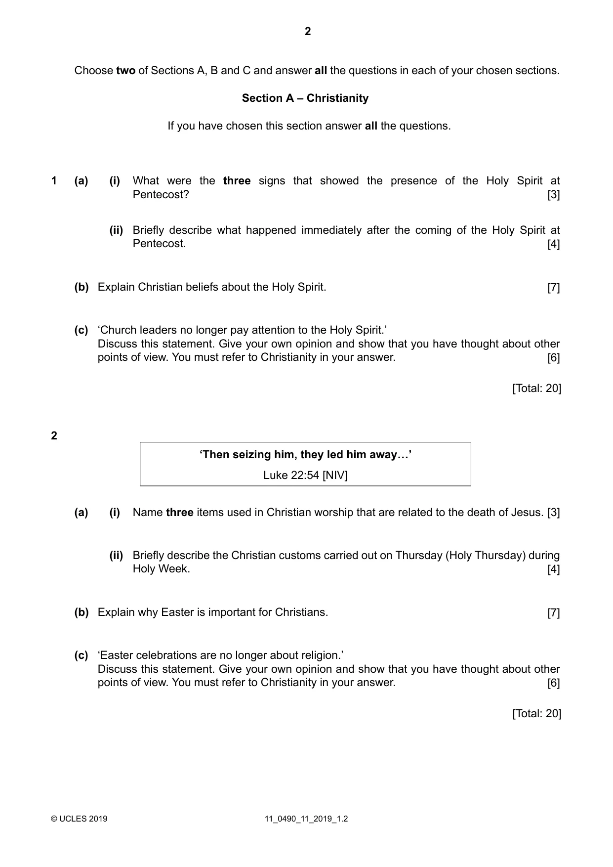 Cambridge IGCSE Religious Studies 0490 2019 Oct/Nov Paper 1 · Variant 1 question paper, page 2 of 4