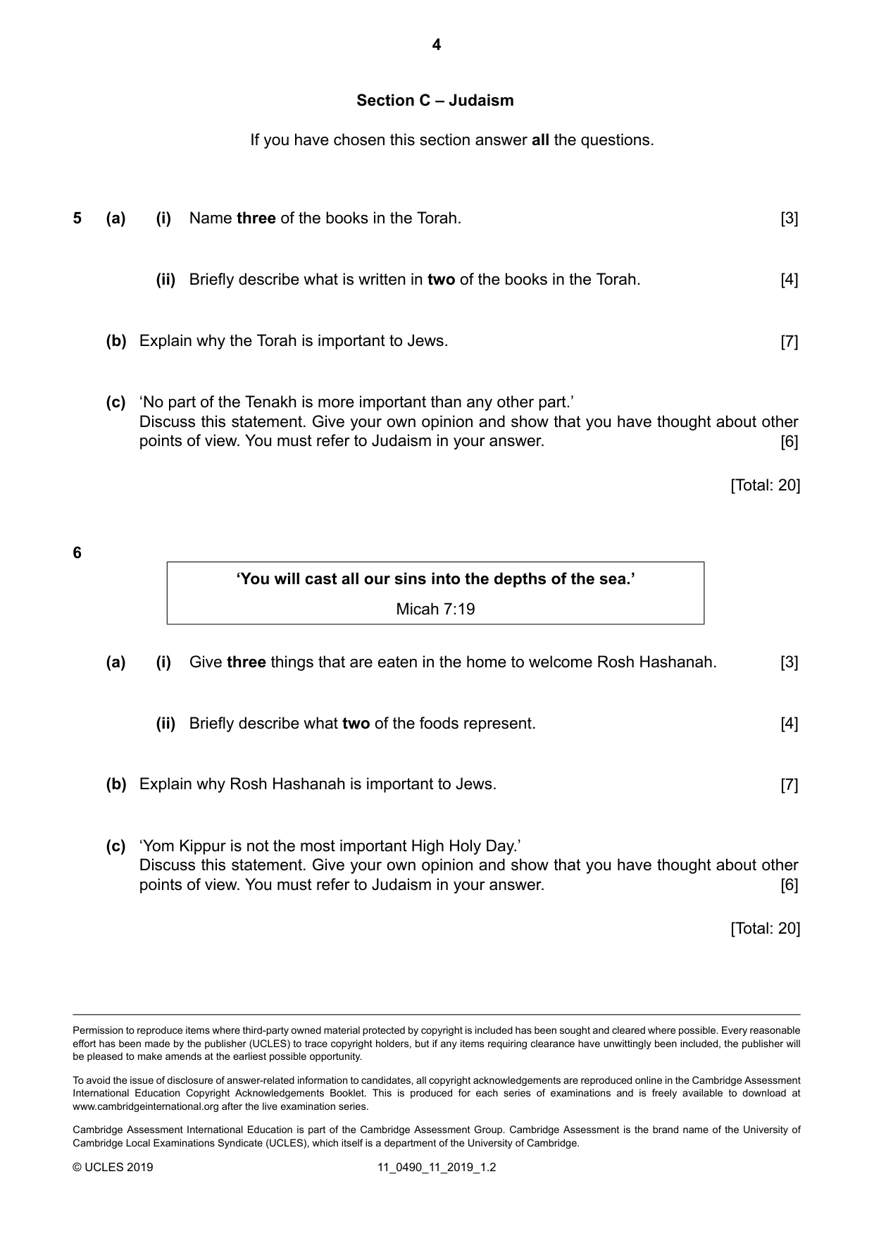 Cambridge IGCSE Religious Studies 0490 2019 Oct/Nov Paper 1 · Variant 1 question paper, page 4 of 4