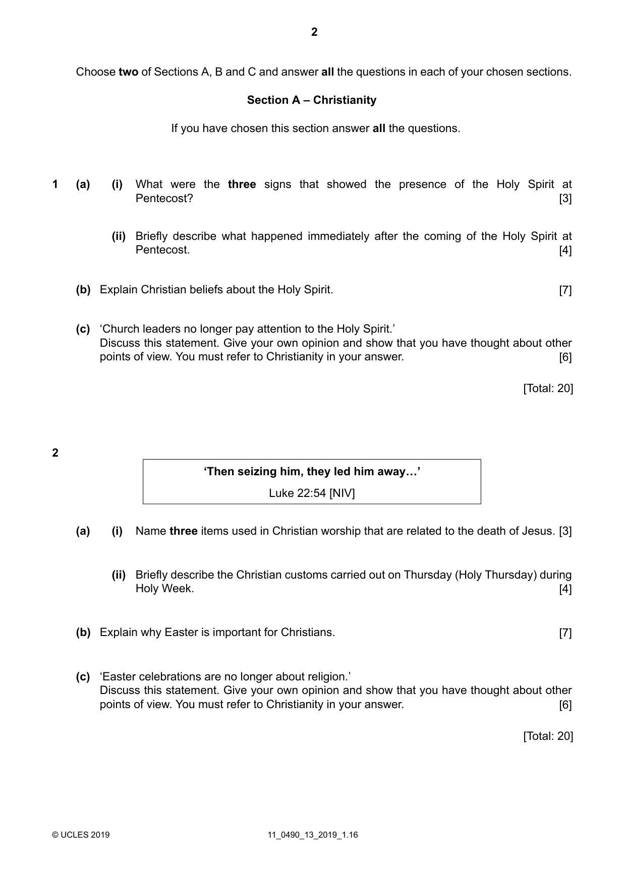 Cambridge IGCSE Religious Studies 0490 2019 Oct/Nov Paper 1 · Variant 3 question paper, page 2 of 4
