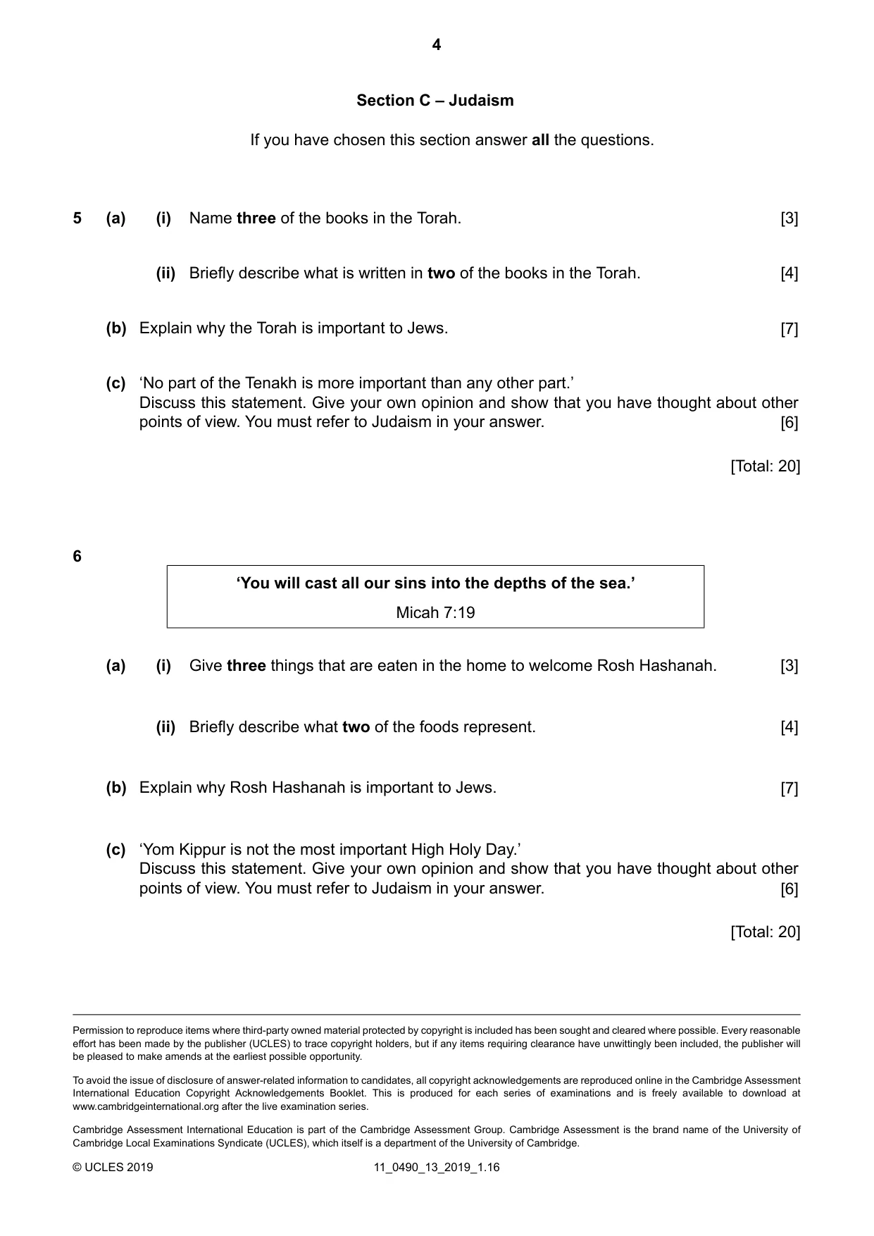 Cambridge IGCSE Religious Studies 0490 2019 Oct/Nov Paper 1 · Variant 3 question paper, page 4 of 4