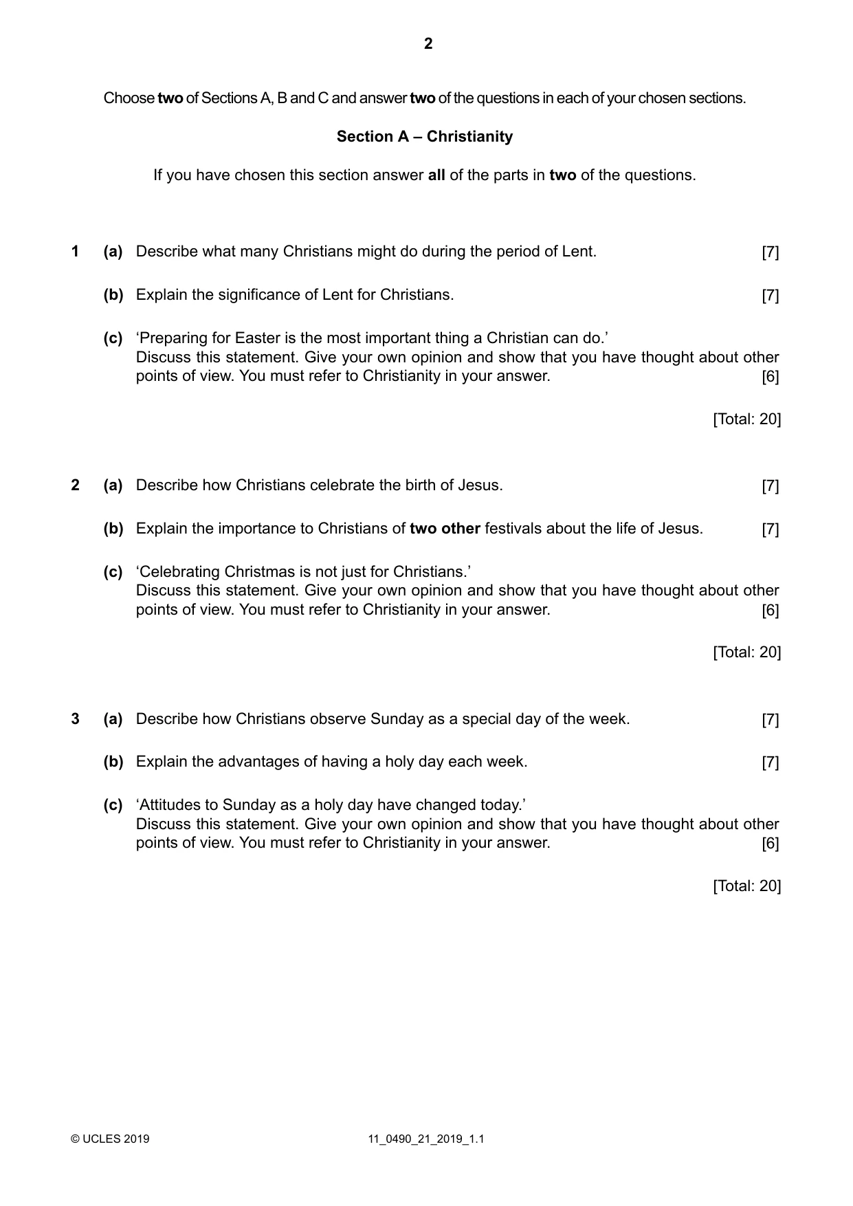 Cambridge IGCSE Religious Studies 0490 2019 Oct/Nov Paper 2 · Variant 1 question paper, page 2 of 4