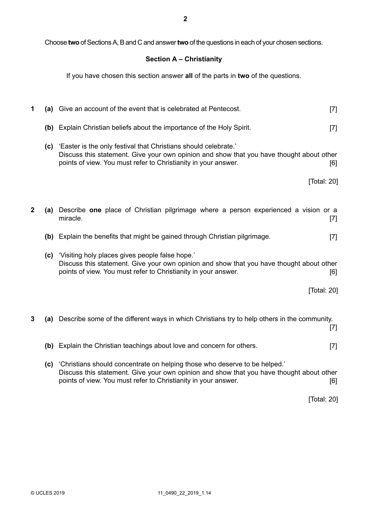 Cambridge IGCSE Religious Studies 0490 2019 Oct/Nov Paper 2 · Variant 2 question paper, page 2 of 4