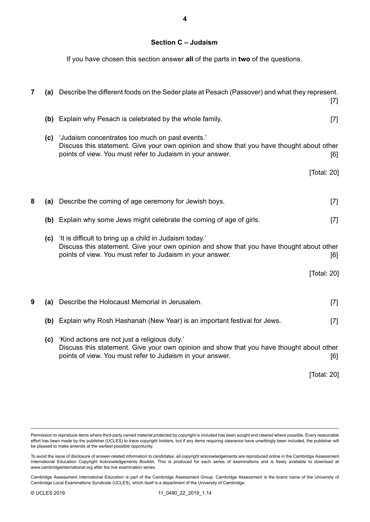 Cambridge IGCSE Religious Studies 0490 2019 Oct/Nov Paper 2 · Variant 2 question paper, page 4 of 4