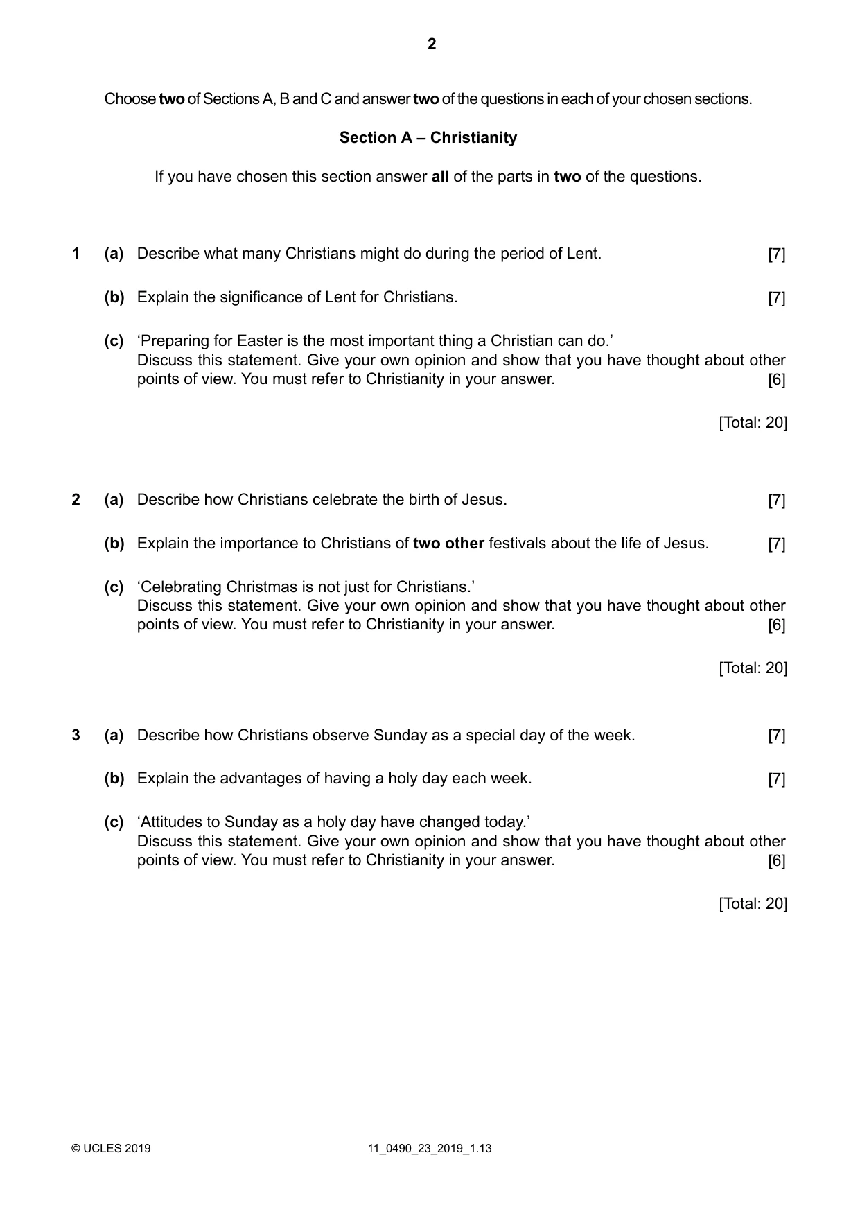 Cambridge IGCSE Religious Studies 0490 2019 Oct/Nov Paper 2 · Variant 3 question paper, page 2 of 4