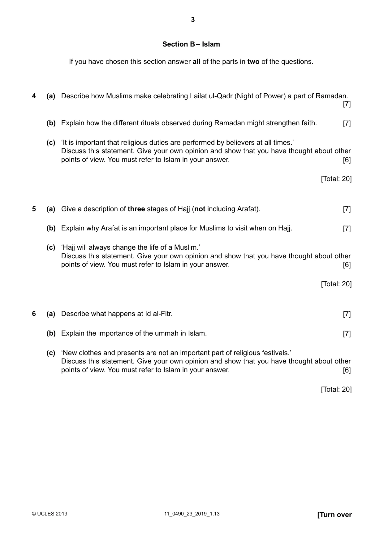 Cambridge IGCSE Religious Studies 0490 2019 Oct/Nov Paper 2 · Variant 3 question paper, page 3 of 4