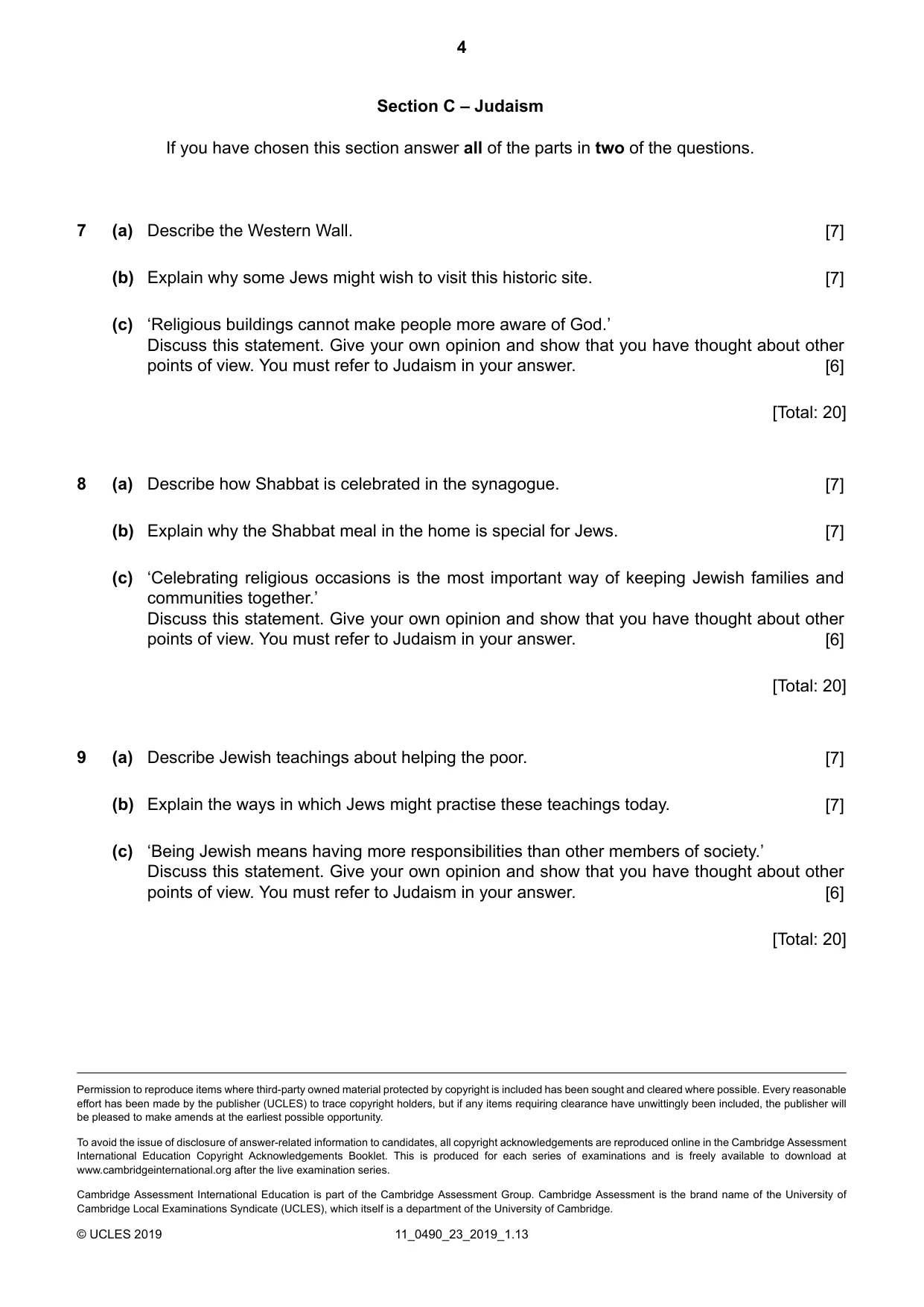 Cambridge IGCSE Religious Studies 0490 2019 Oct/Nov Paper 2 · Variant 3 question paper, page 4 of 4