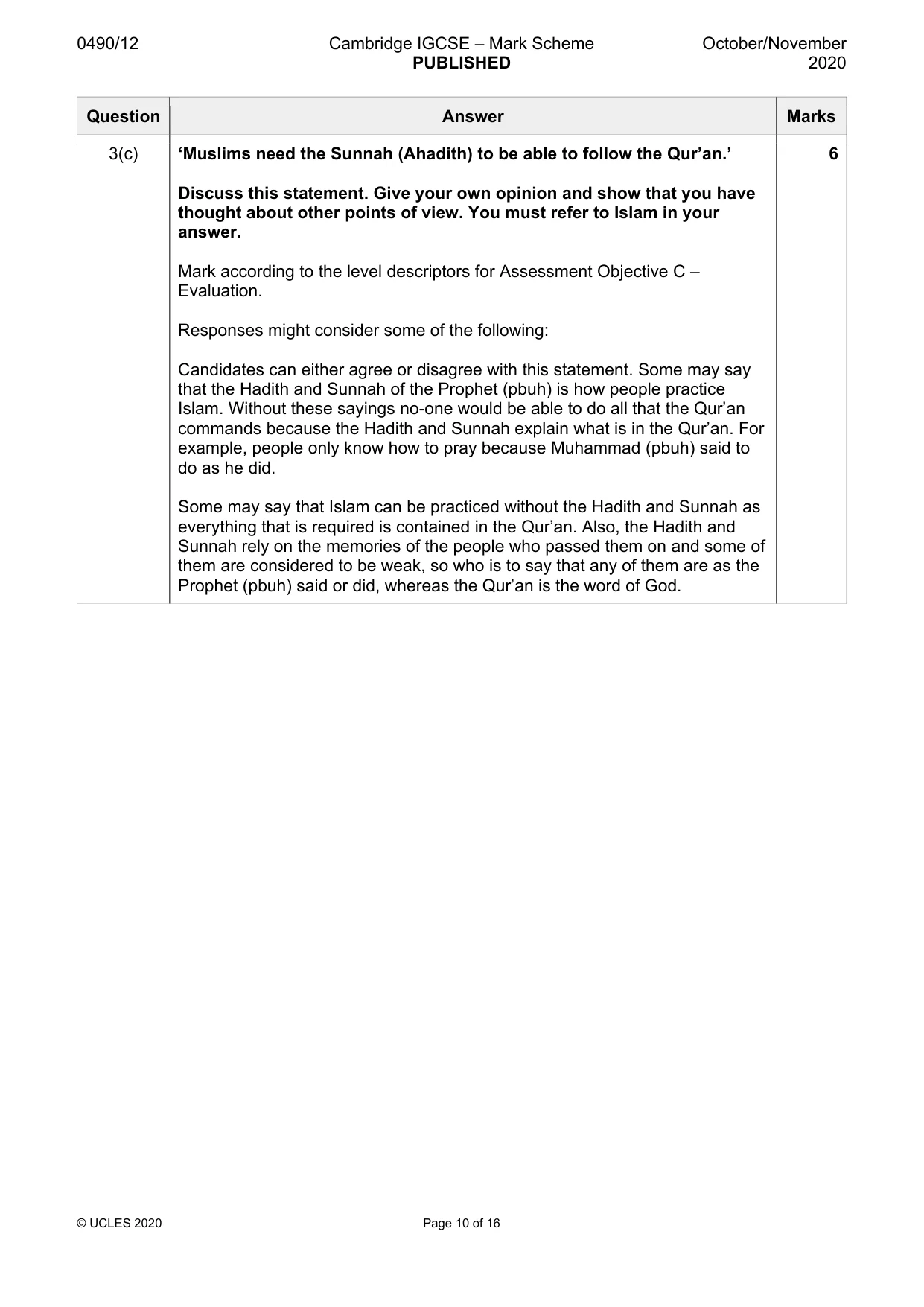 Mark scheme, page 10 of 16