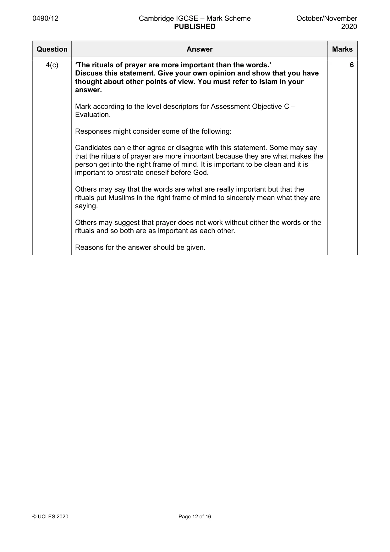 Mark scheme, page 12 of 16