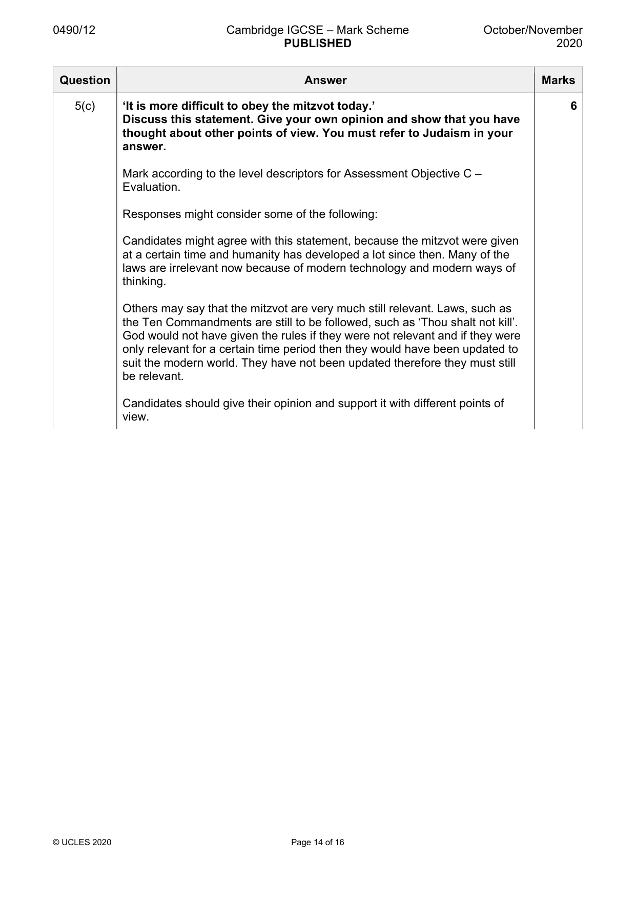 Mark scheme, page 14 of 16