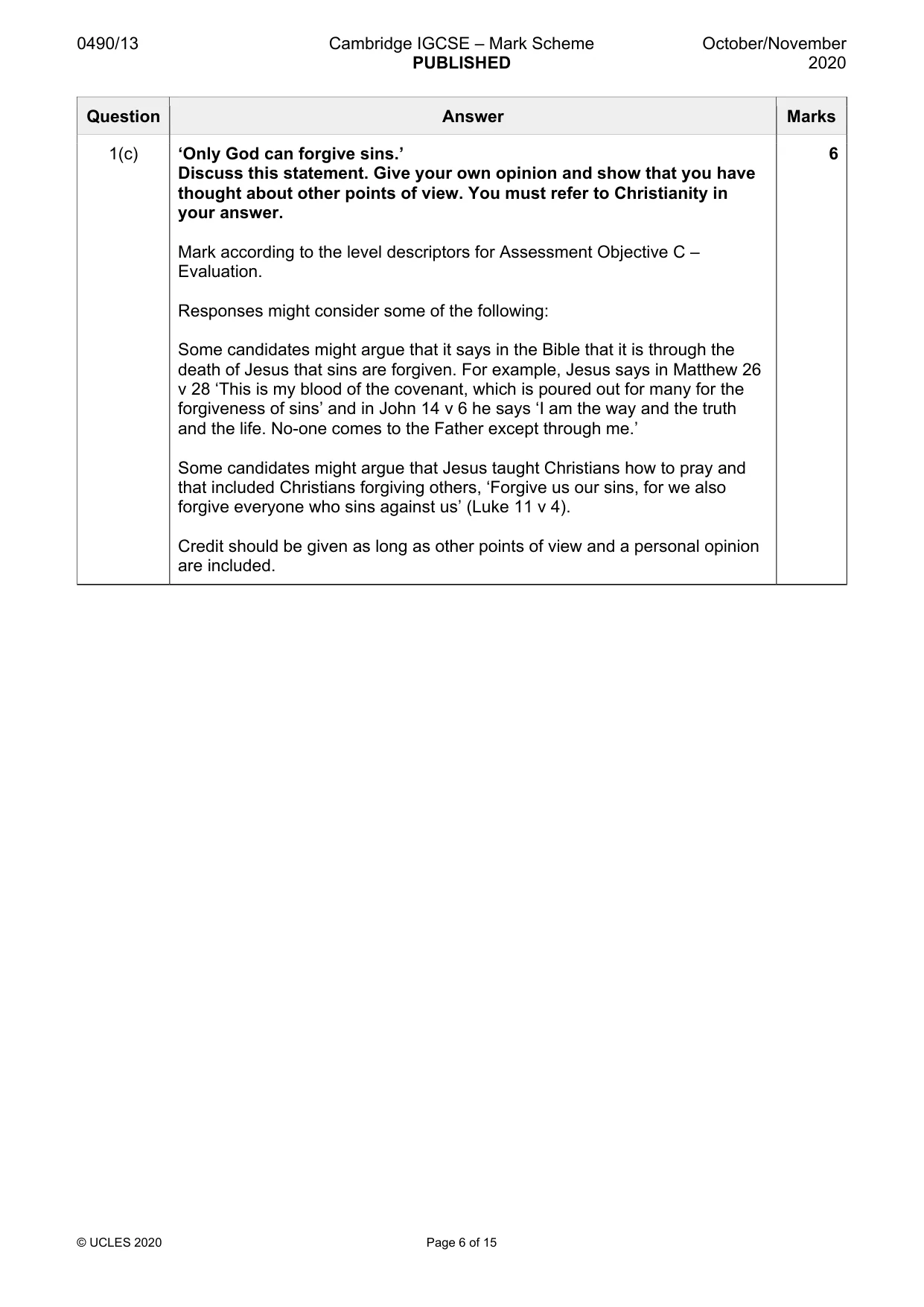 Mark scheme, page 6 of 15