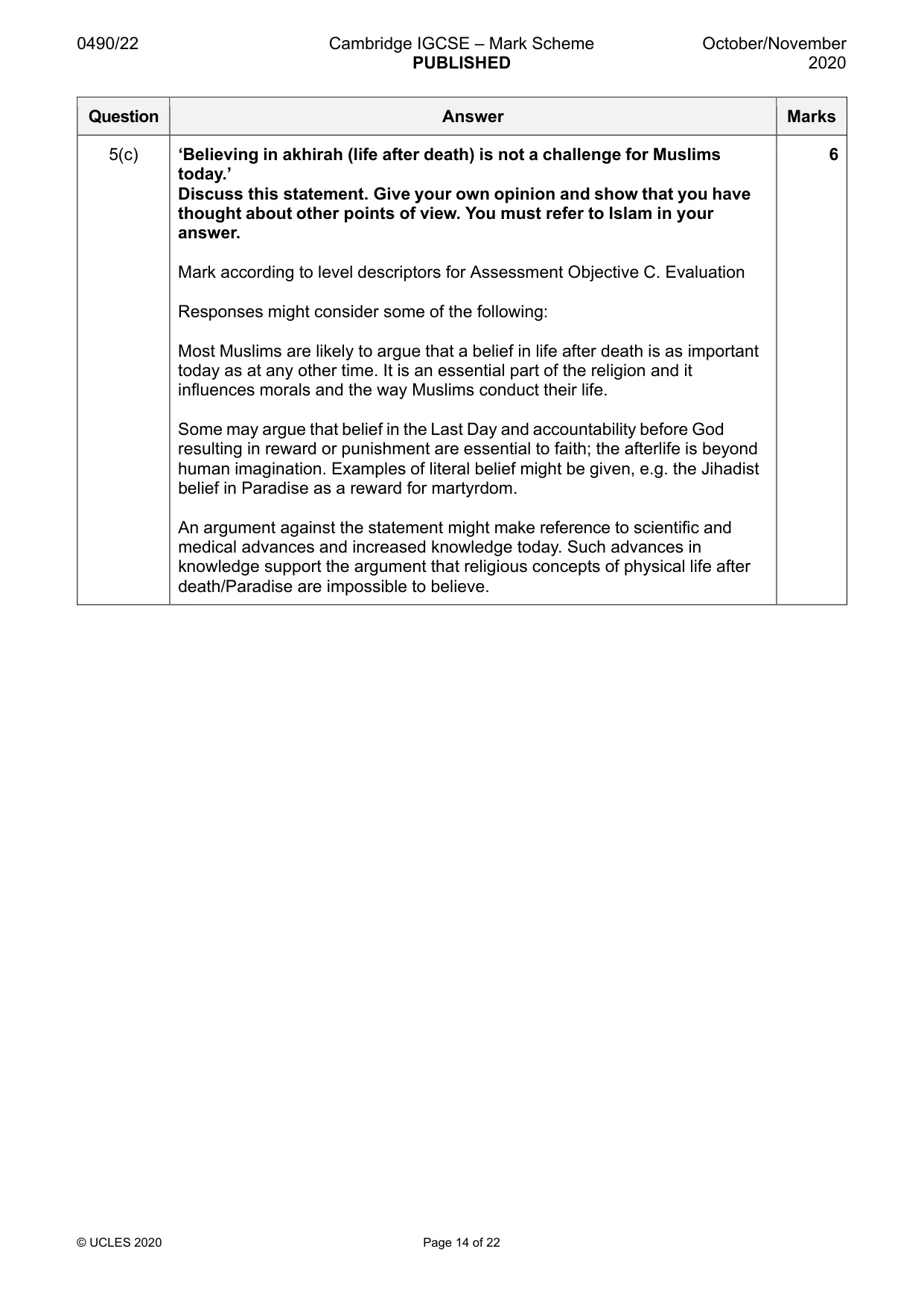 Mark scheme, page 14 of 22