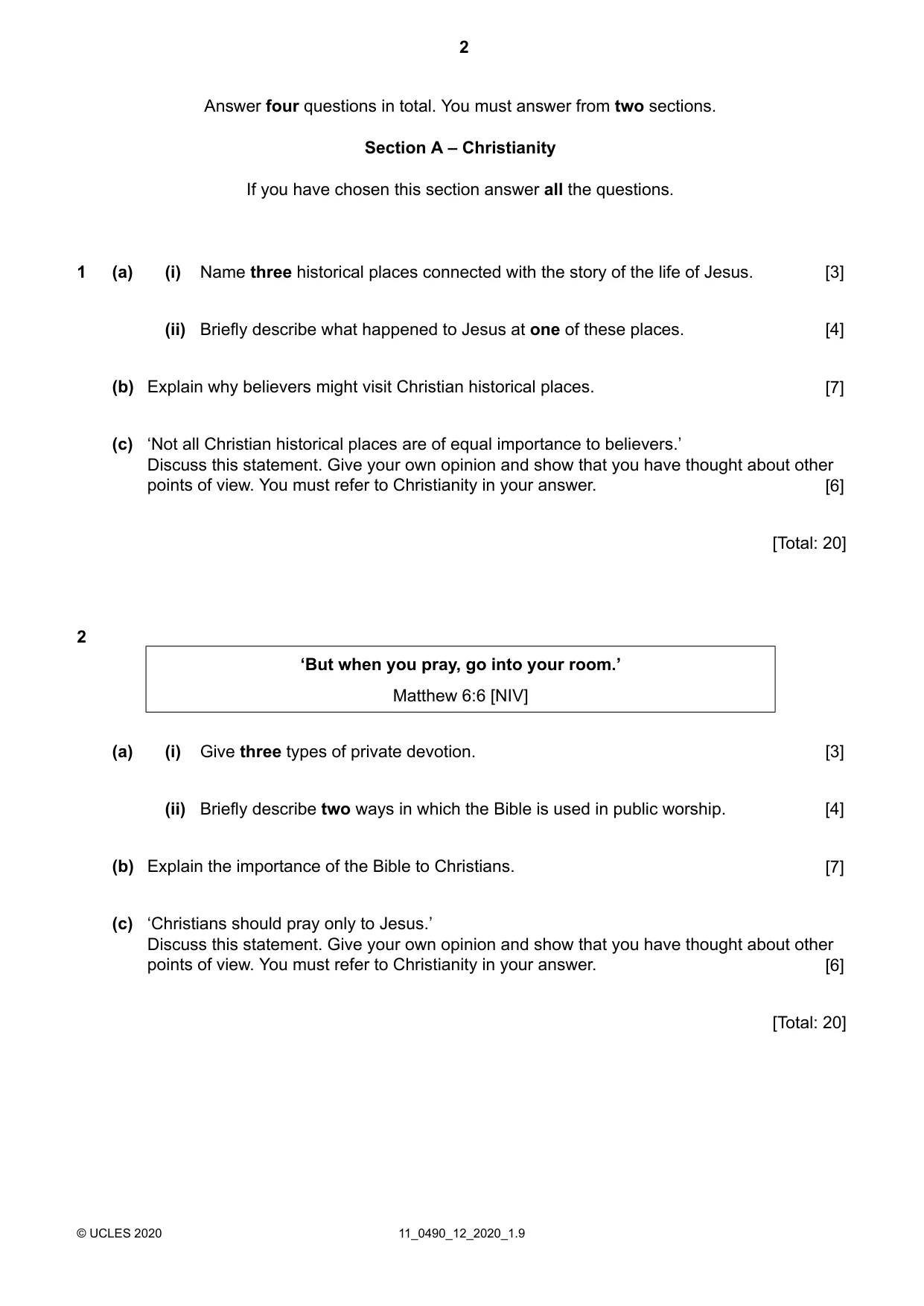 Cambridge IGCSE Religious Studies 0490 2020 Oct/Nov Paper 1 · Variant 2 question paper, page 2 of 4