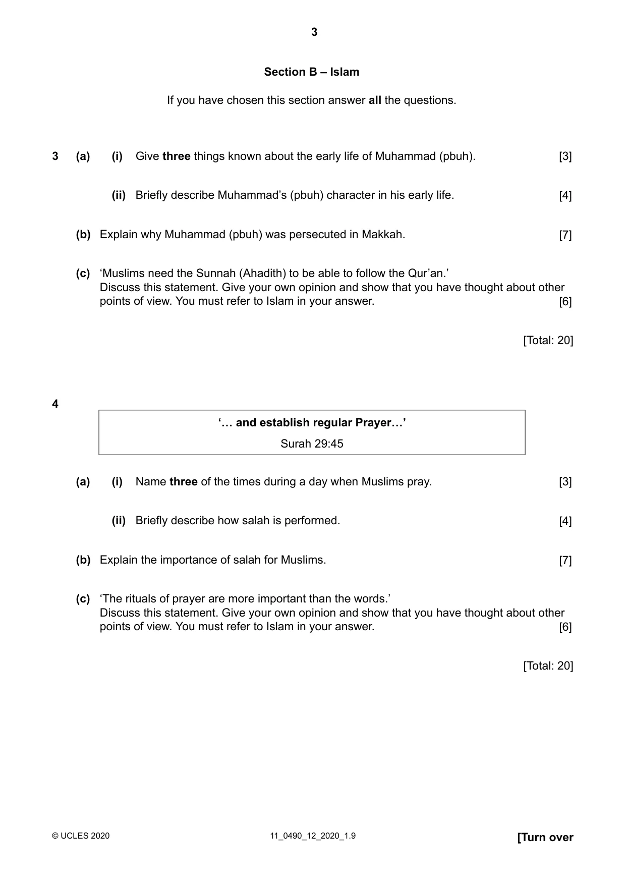 Cambridge IGCSE Religious Studies 0490 2020 Oct/Nov Paper 1 · Variant 2 question paper, page 3 of 4
