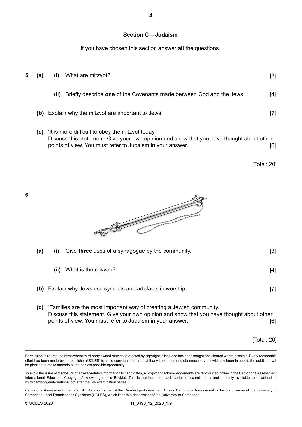 Cambridge IGCSE Religious Studies 0490 2020 Oct/Nov Paper 1 · Variant 2 question paper, page 4 of 4