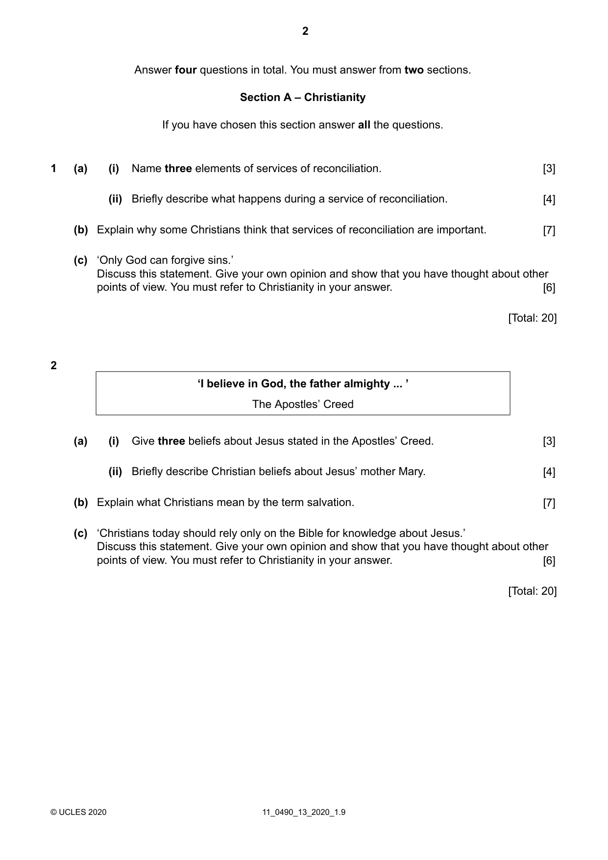 Cambridge IGCSE Religious Studies 0490 2020 Oct/Nov Paper 1 · Variant 3 question paper, page 2 of 4