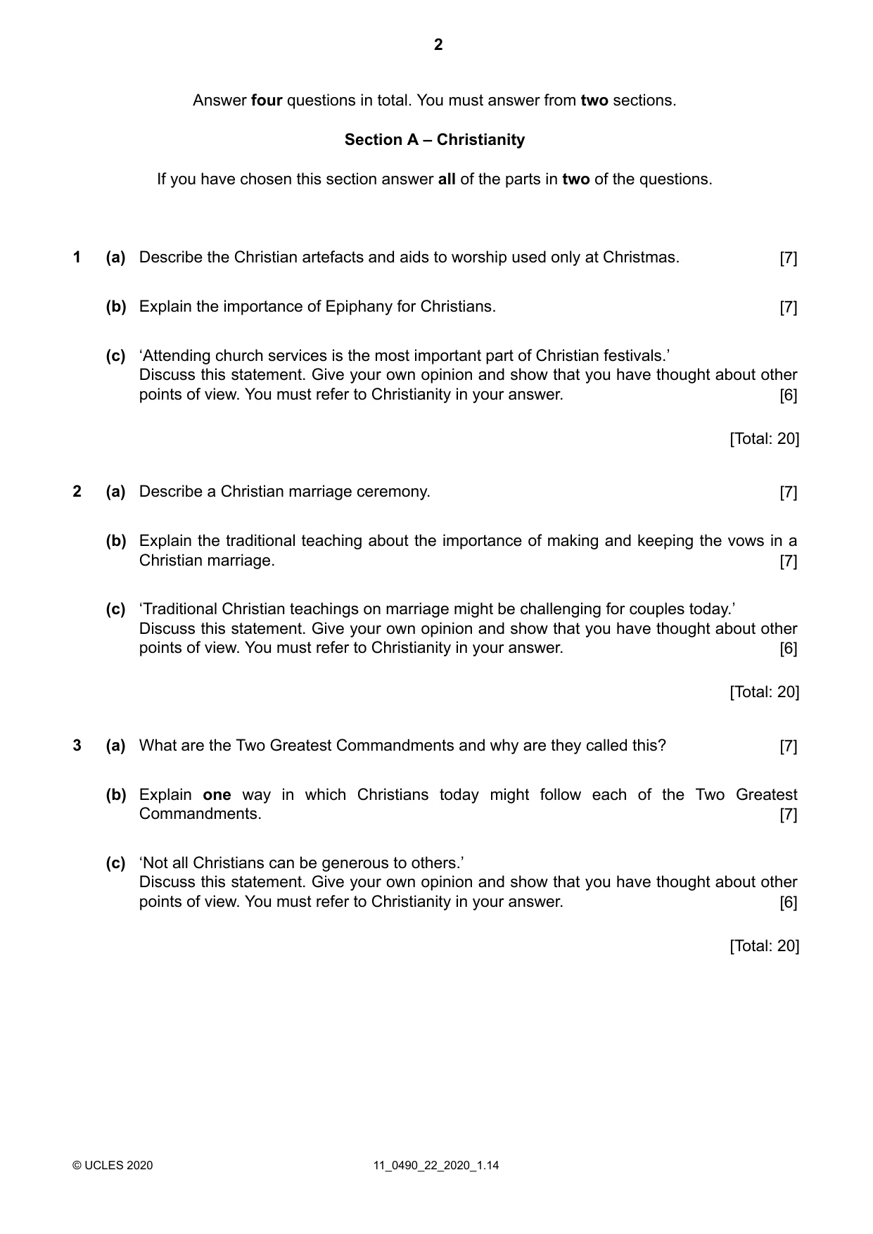 Cambridge IGCSE Religious Studies 0490 2020 Oct/Nov Paper 2 · Variant 2 question paper, page 2 of 4