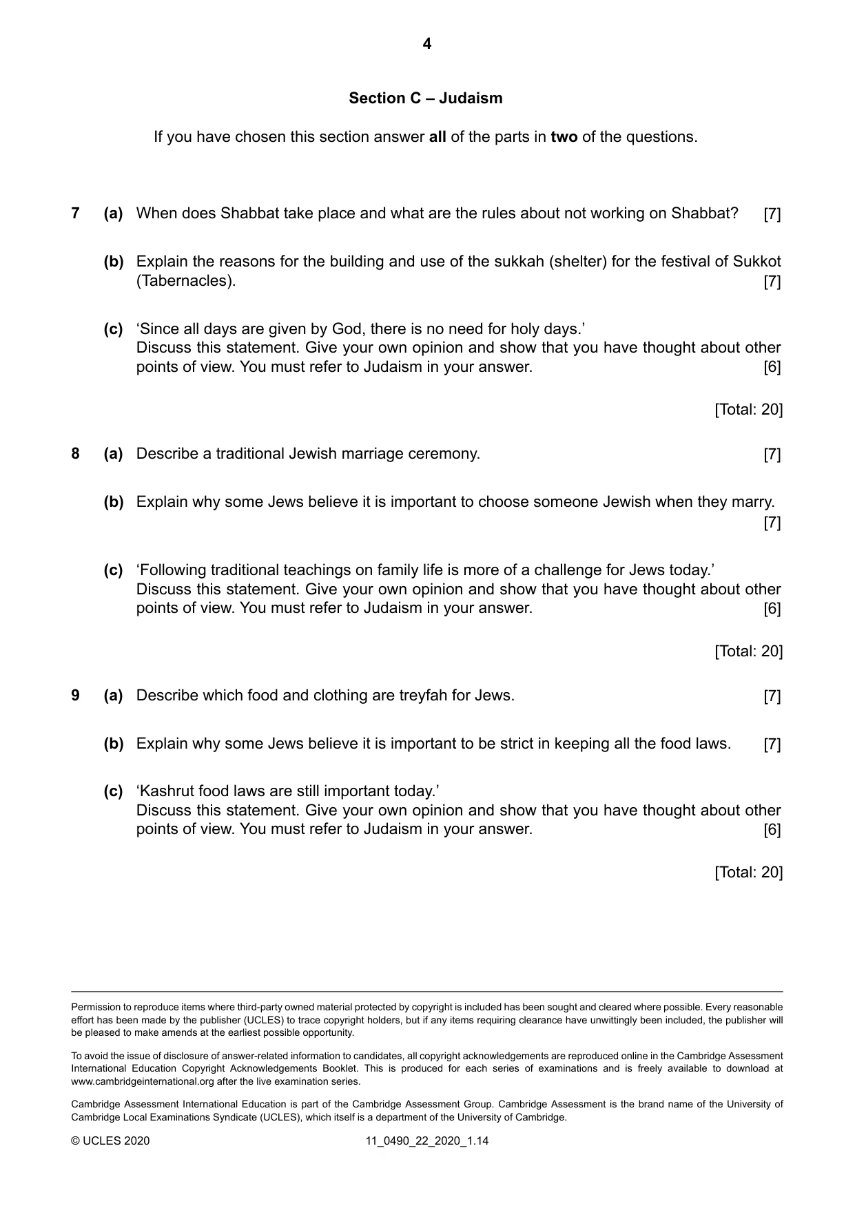 Cambridge IGCSE Religious Studies 0490 2020 Oct/Nov Paper 2 · Variant 2 question paper, page 4 of 4