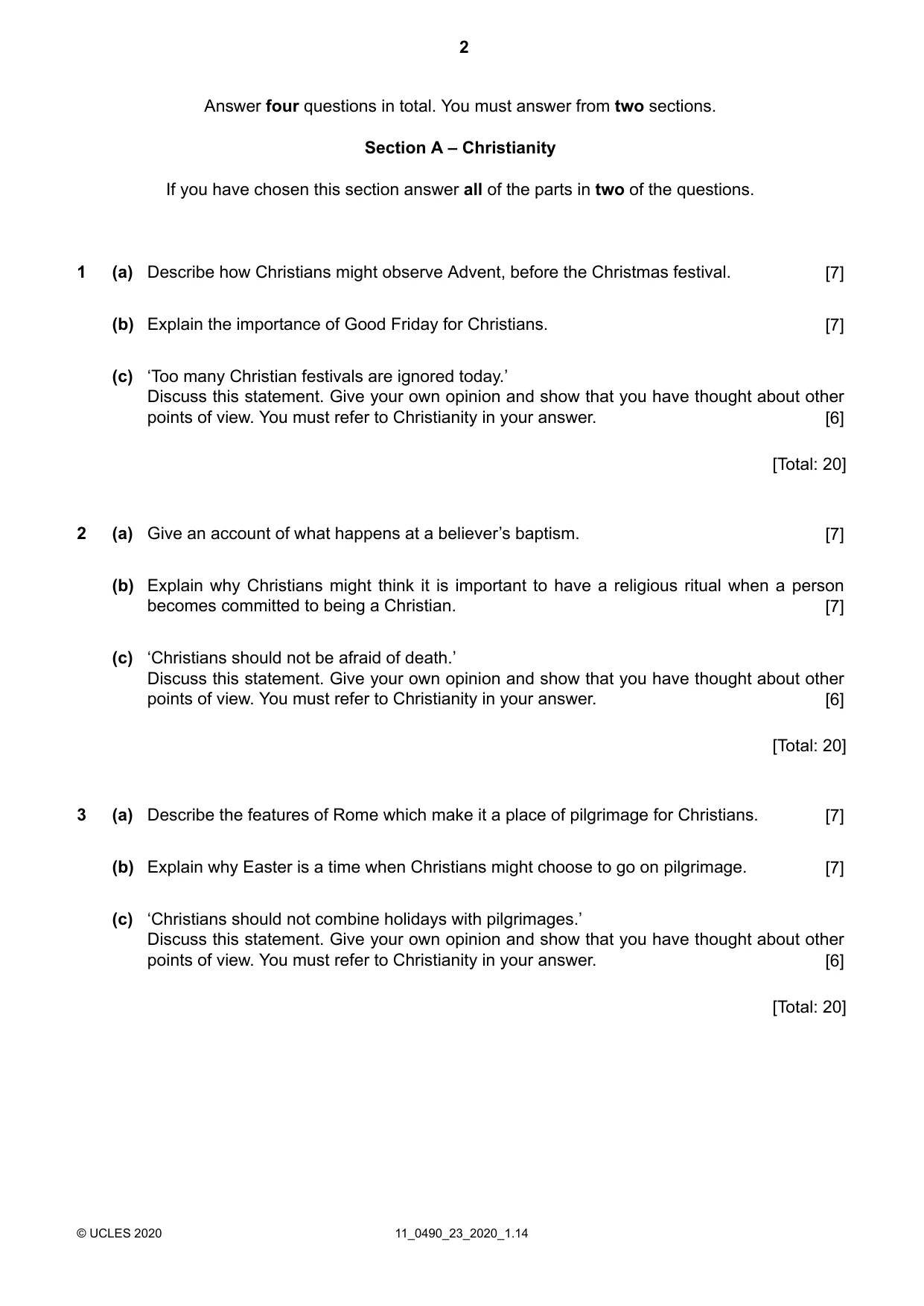 Cambridge IGCSE Religious Studies 0490 2020 Oct/Nov Paper 2 · Variant 3 question paper, page 2 of 4