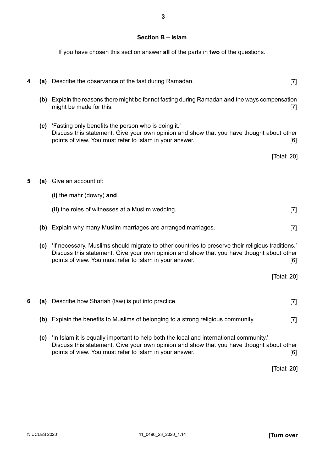 Cambridge IGCSE Religious Studies 0490 2020 Oct/Nov Paper 2 · Variant 3 question paper, page 3 of 4