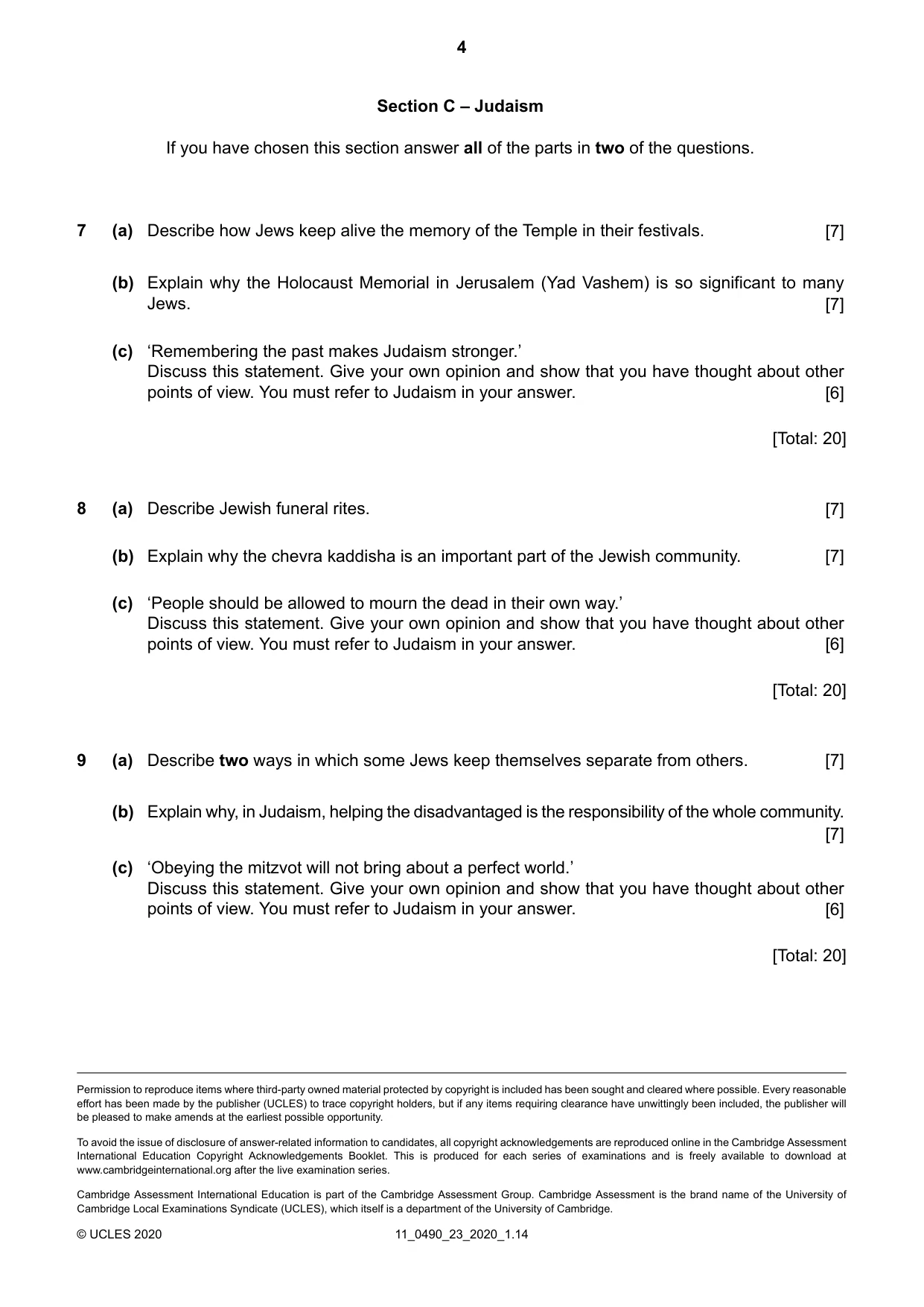 Cambridge IGCSE Religious Studies 0490 2020 Oct/Nov Paper 2 · Variant 3 question paper, page 4 of 4