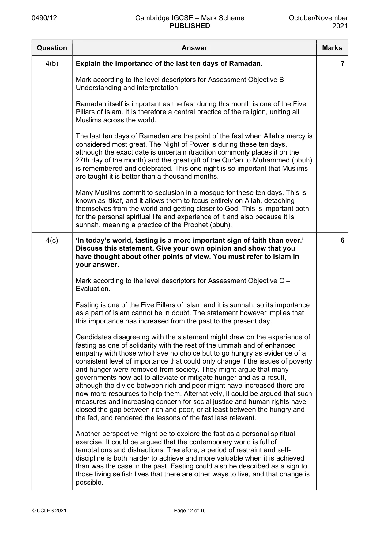 Mark scheme, page 12 of 16