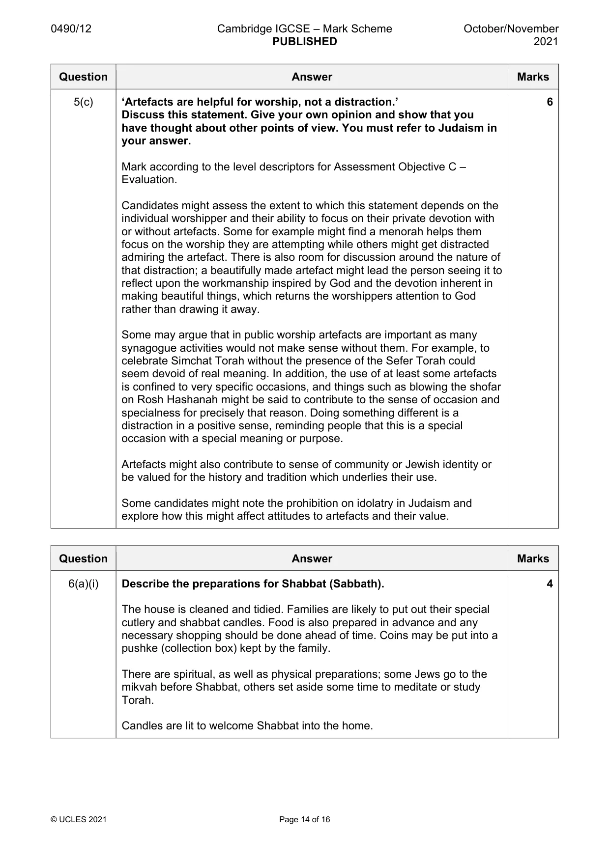 Mark scheme, page 14 of 16