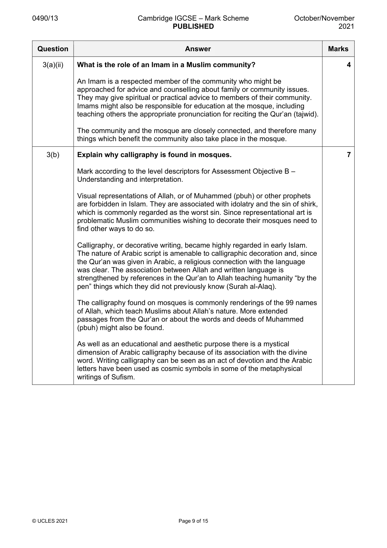 Mark scheme, page 9 of 15
