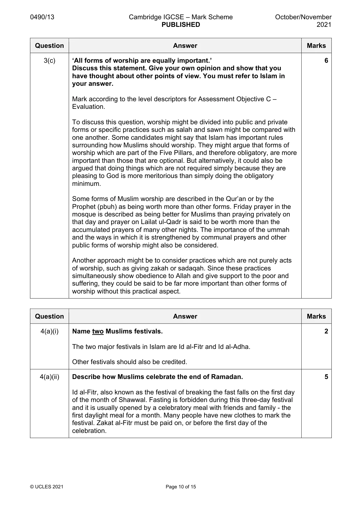 Mark scheme, page 10 of 15