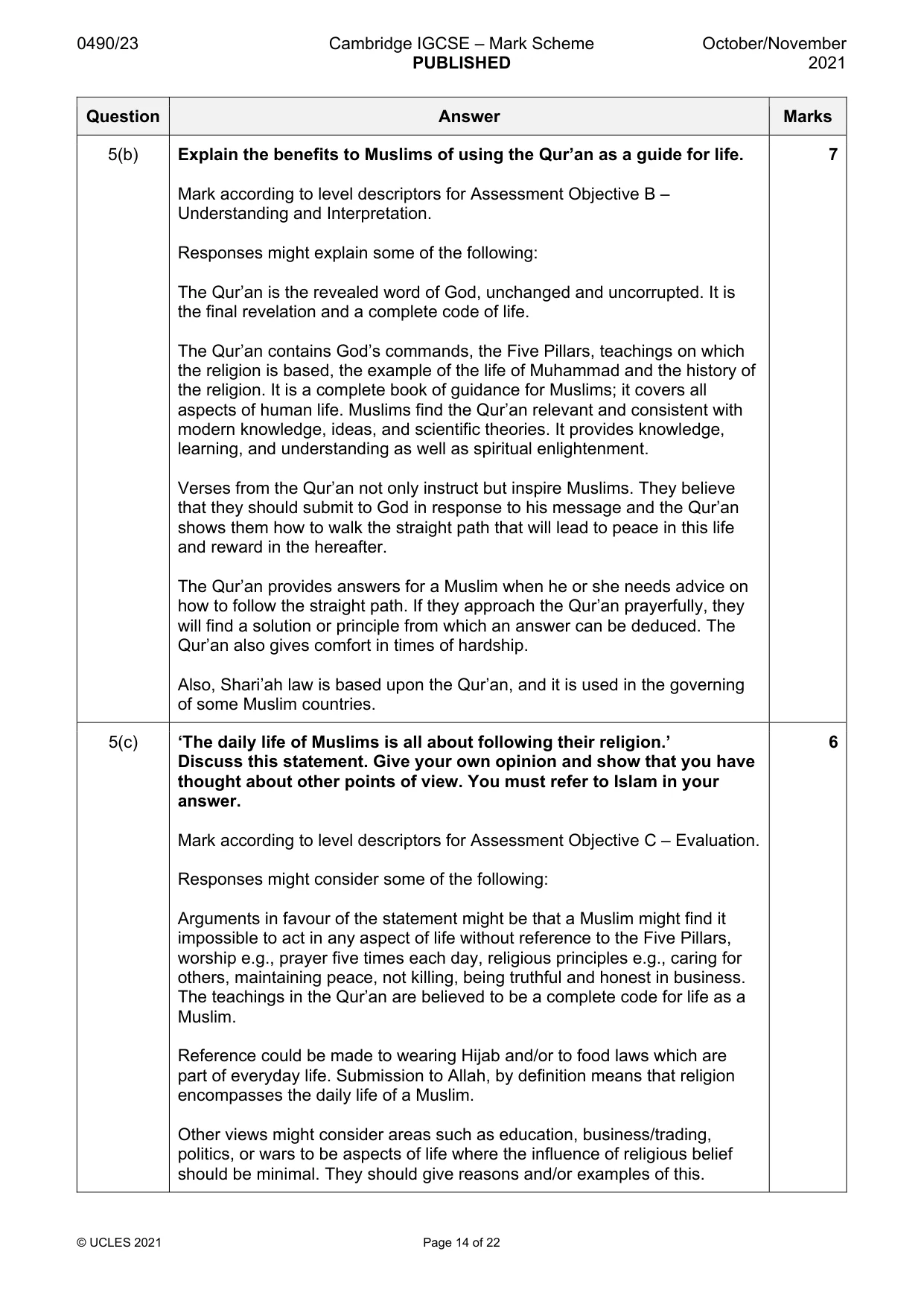 Mark scheme, page 14 of 22