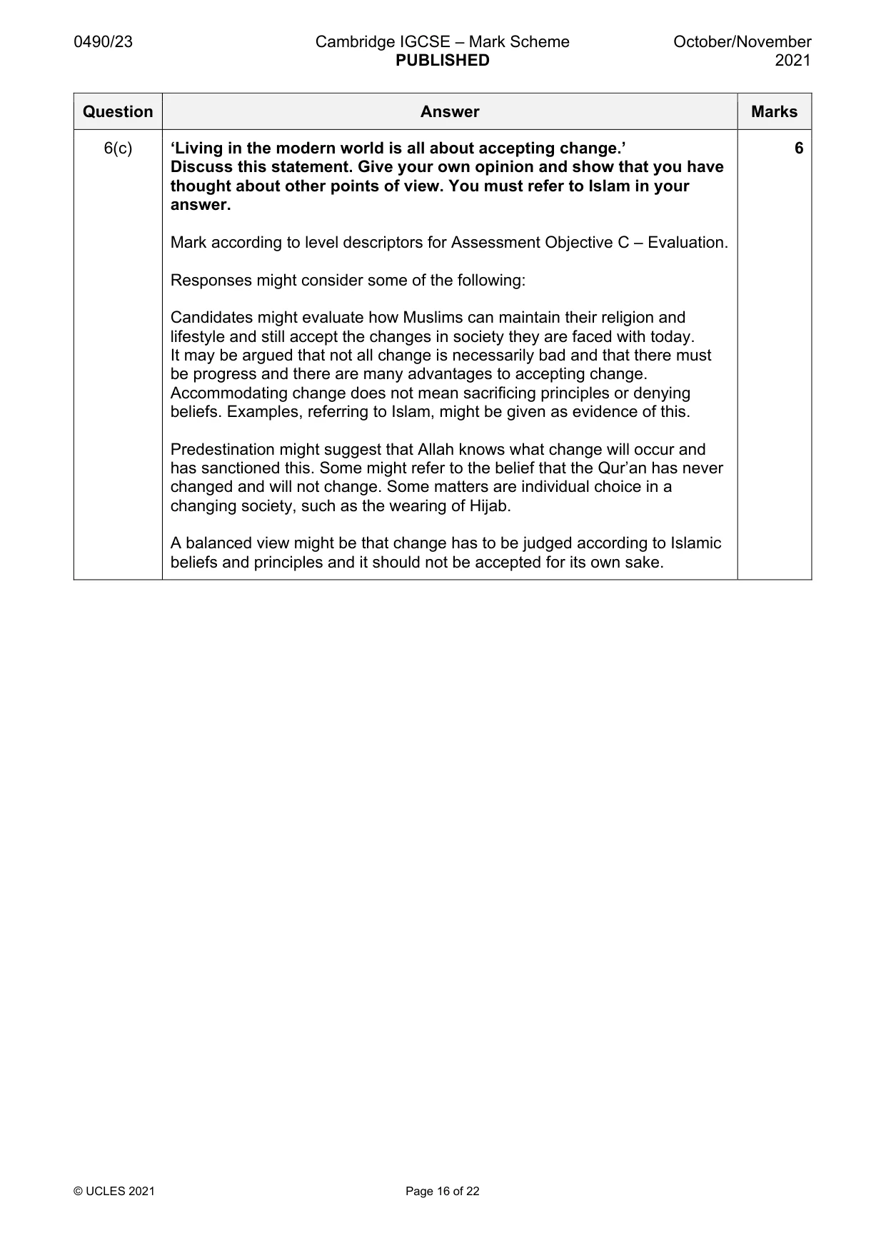 Mark scheme, page 16 of 22