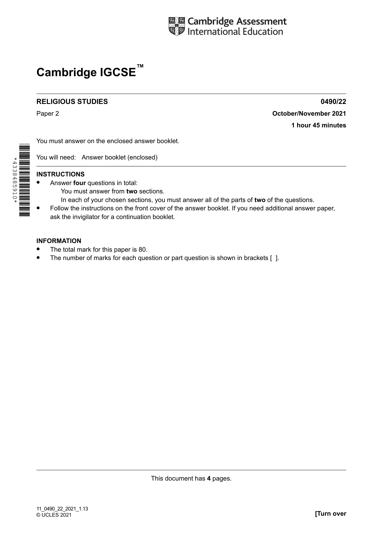 Cambridge IGCSE Religious Studies 0490 2021 Oct/Nov Paper 2 · Variant 2 question paper, page 1 of 4