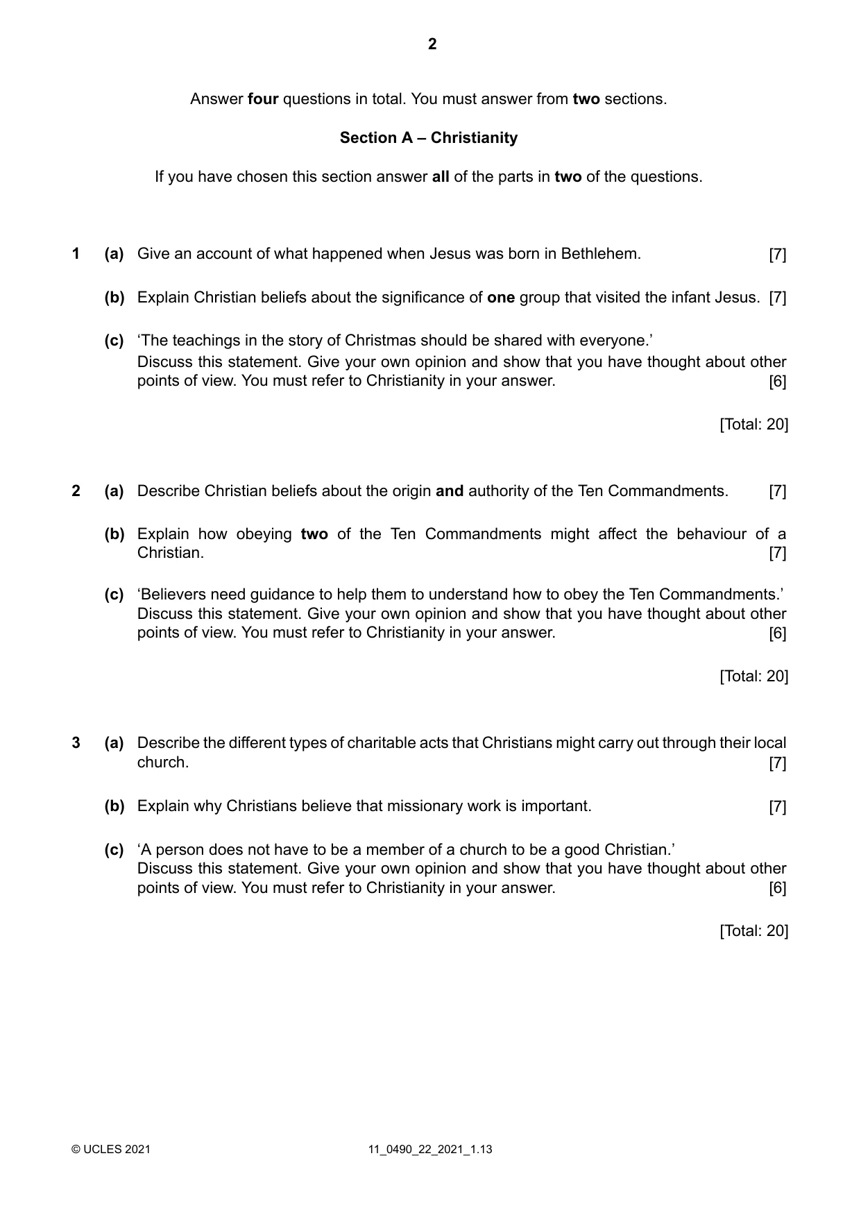 Cambridge IGCSE Religious Studies 0490 2021 Oct/Nov Paper 2 · Variant 2 question paper, page 2 of 4
