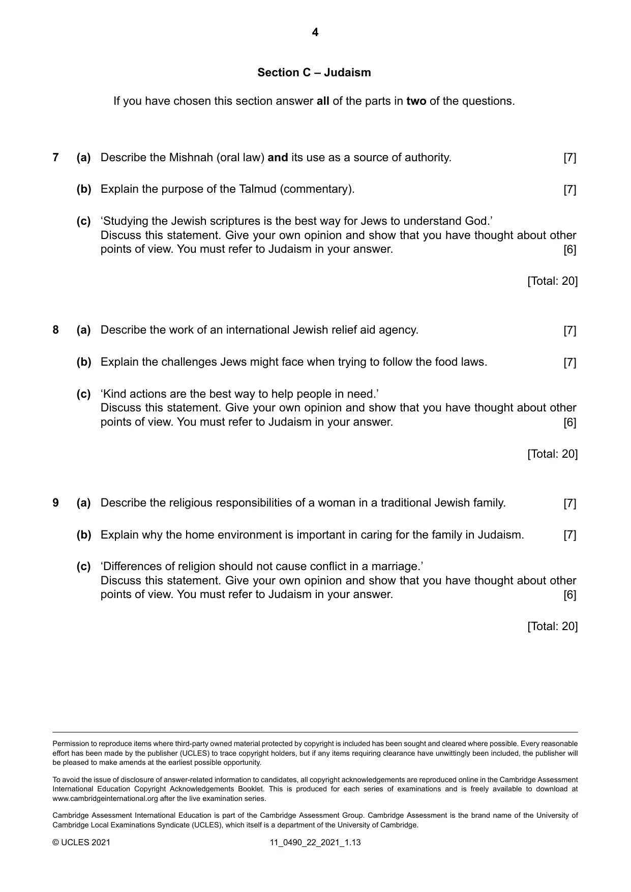 Cambridge IGCSE Religious Studies 0490 2021 Oct/Nov Paper 2 · Variant 2 question paper, page 4 of 4