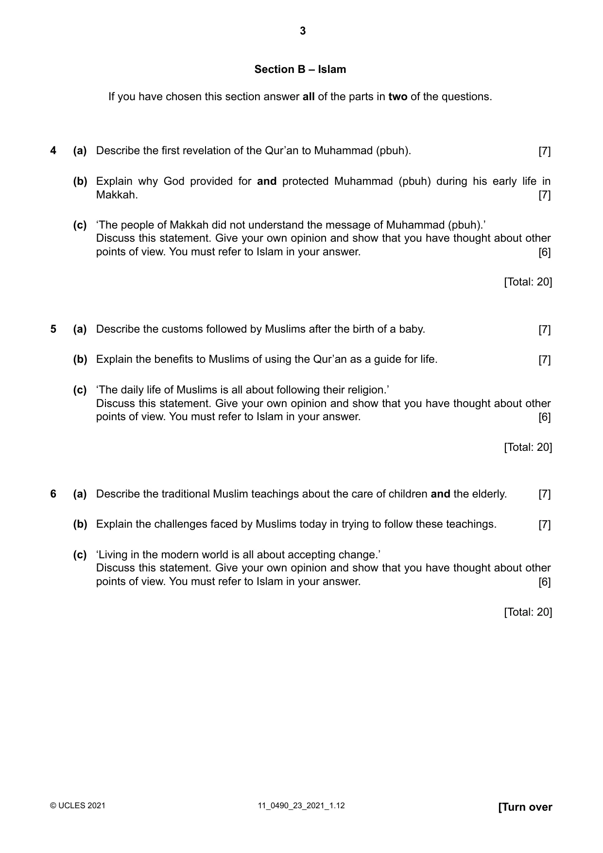 Cambridge IGCSE Religious Studies 0490 2021 Oct/Nov Paper 2 · Variant 3 question paper, page 3 of 4