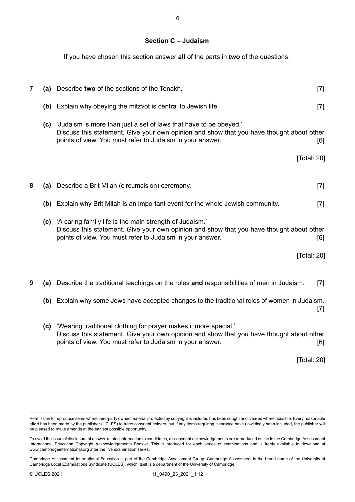 Cambridge IGCSE Religious Studies 0490 2021 Oct/Nov Paper 2 · Variant 3 question paper, page 4 of 4