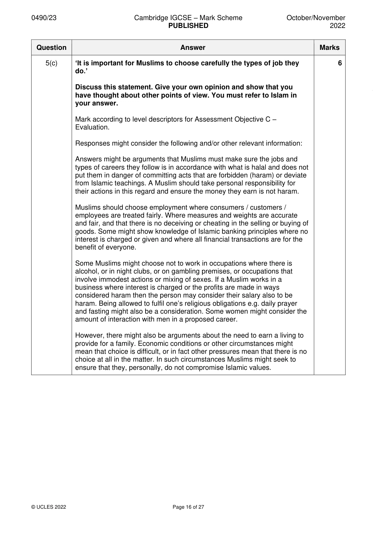 Mark scheme, page 16 of 27